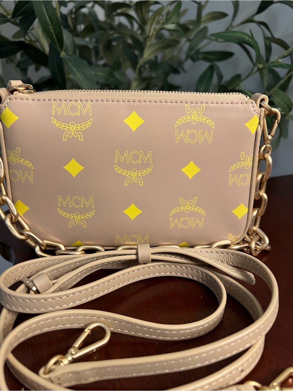 MCM Mini Beige Crossbody with Yellow Logo Motif and Gold Chain